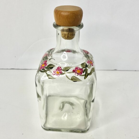 Floral Clear Glass Apothecary Bottle Hand painted Pink Flowers & Green Leaves - Picture 5 of 12